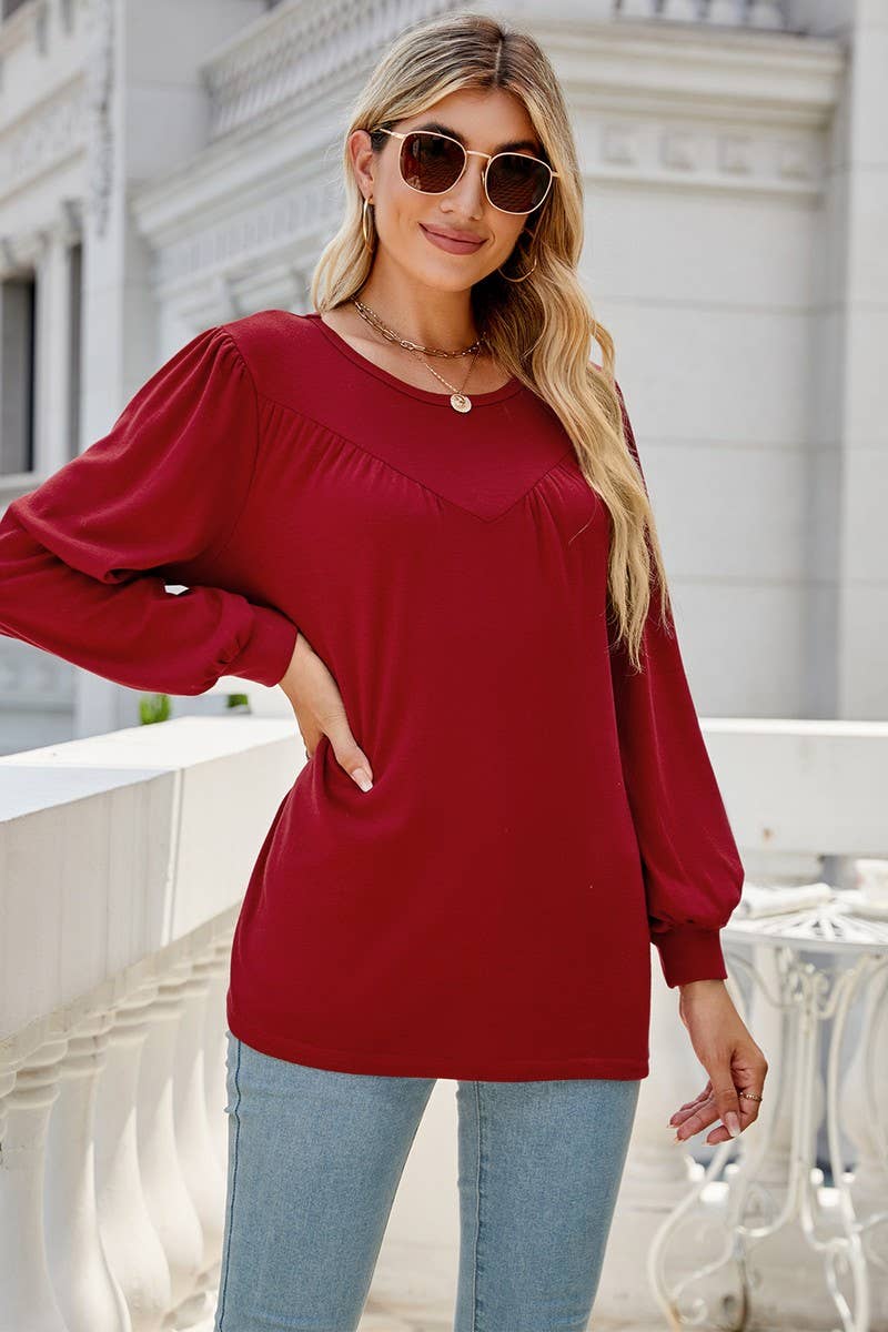 CWTBLL3690_LOOSE CREW NECK CASUAL PLEATED TOP