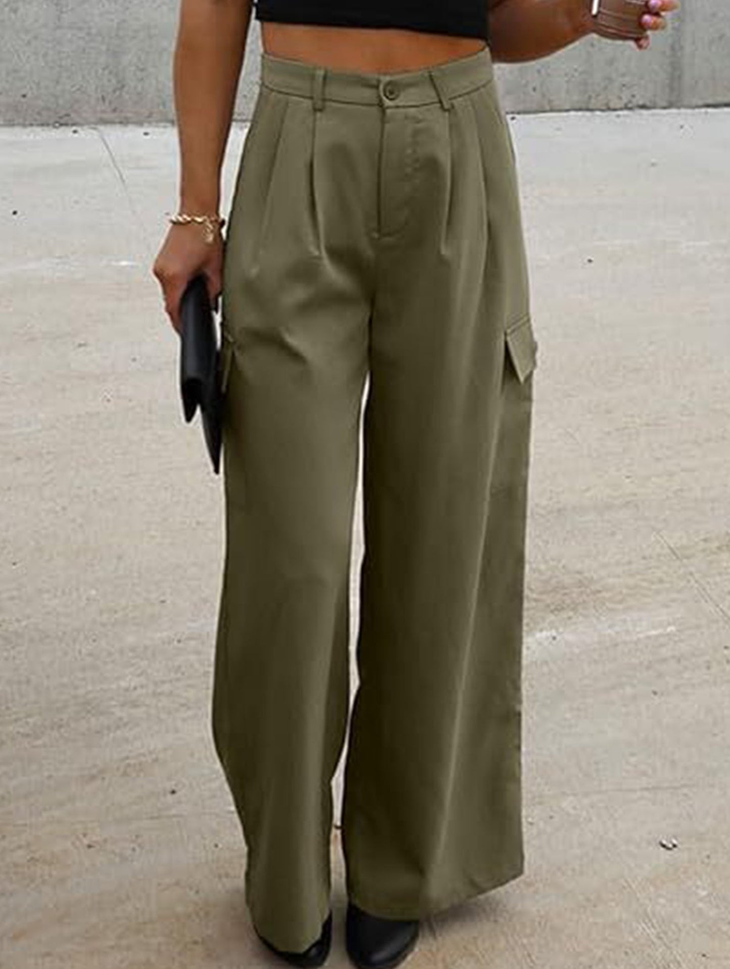 Fashion solid color loose high waist pants