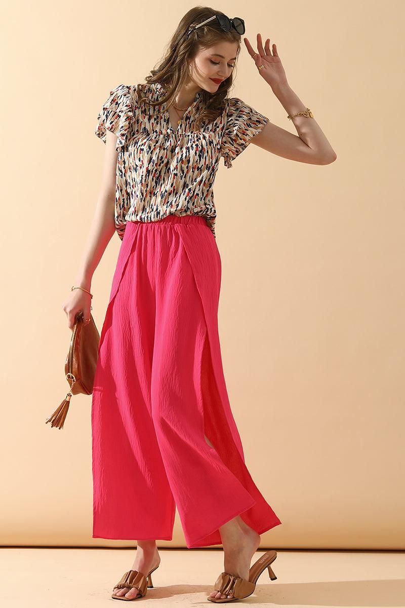 BANDED FRONT OPENING SLIT LEG WIDE PANTS - Doublju