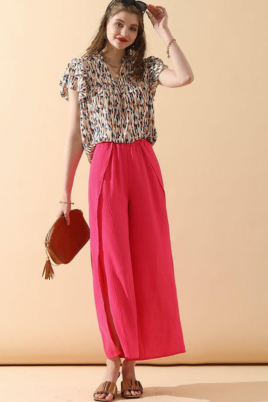 BANDED FRONT OPENING SLIT LEG WIDE PANTS - Doublju
