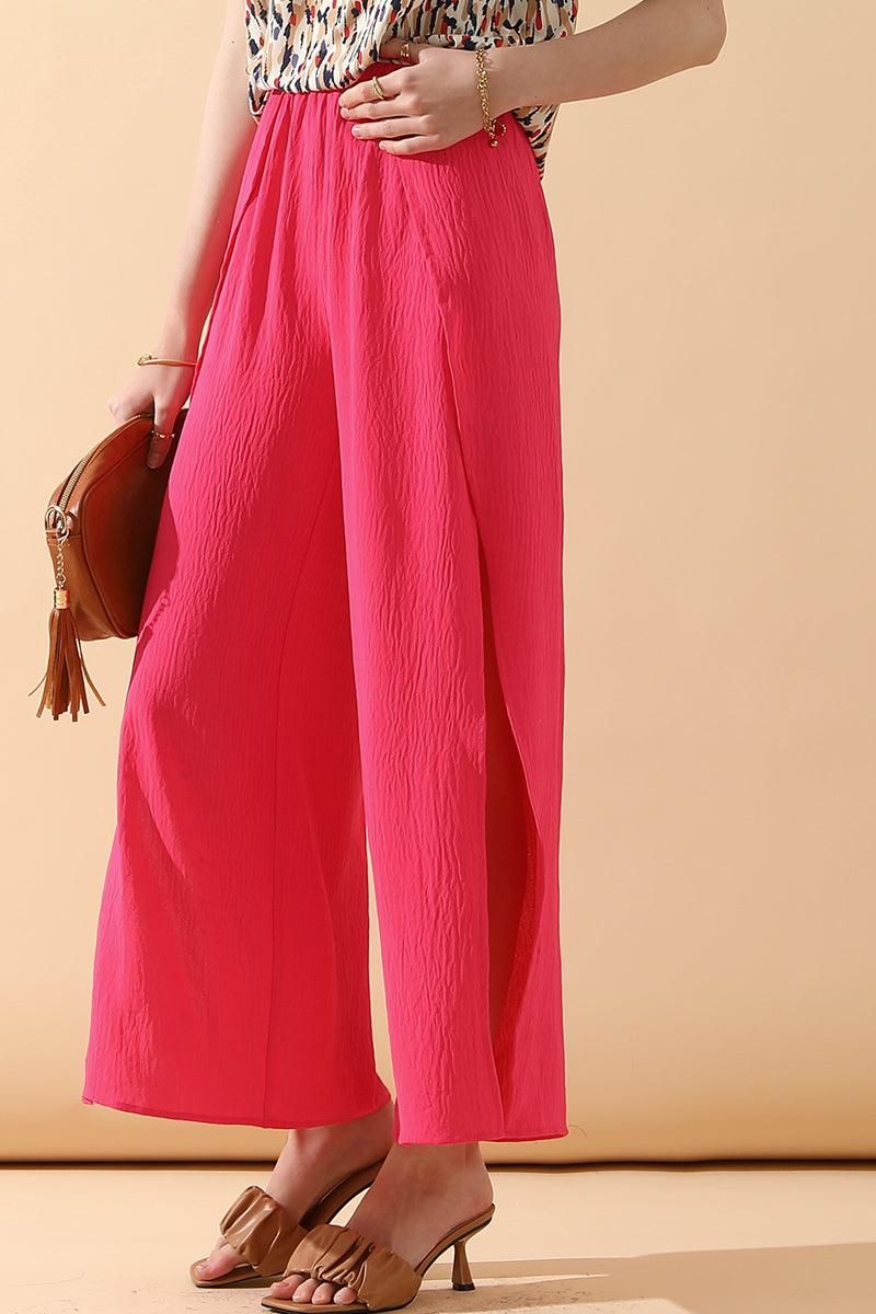 BANDED FRONT OPENING SLIT LEG WIDE PANTS - Doublju