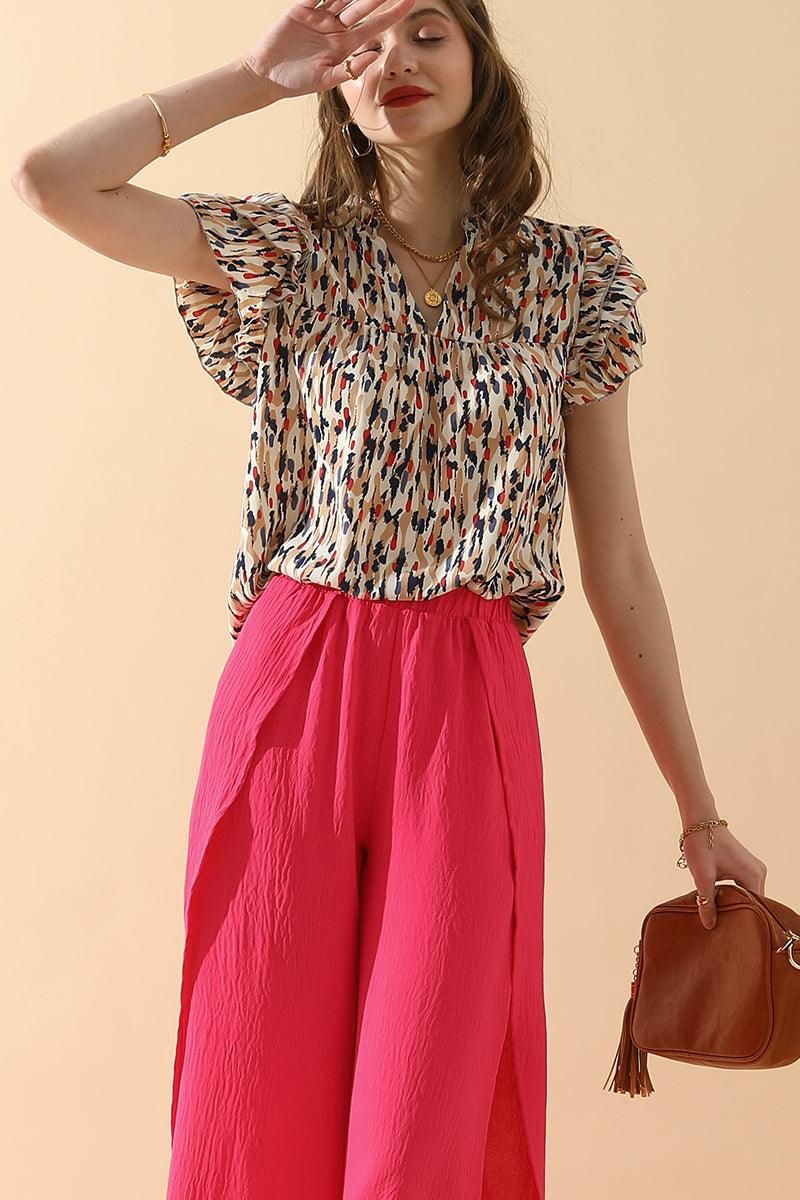 BANDED FRONT OPENING SLIT LEG WIDE PANTS - Doublju