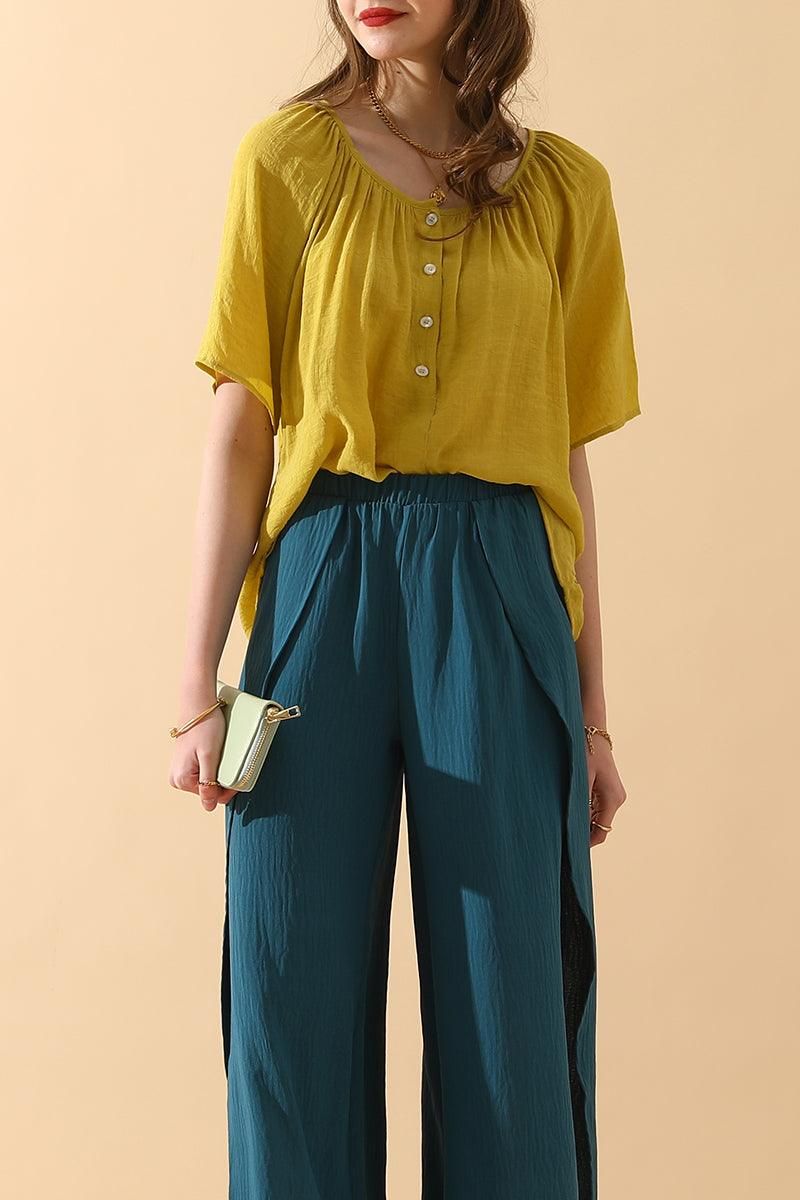 BANDED FRONT OPENING SLIT LEG WIDE PANTS - Doublju