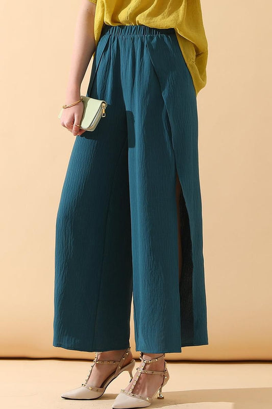 BANDED FRONT OPENING SLIT LEG WIDE PANTS - Doublju