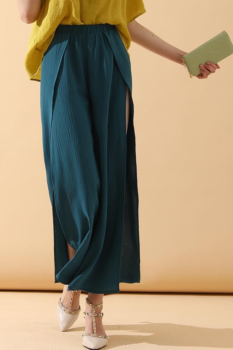 BANDED FRONT OPENING SLIT LEG WIDE PANTS - Doublju