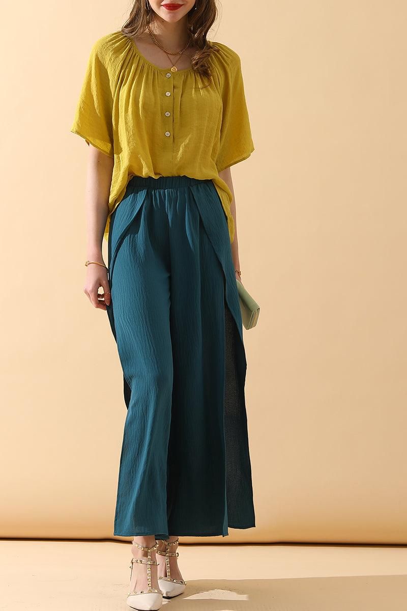 BANDED FRONT OPENING SLIT LEG WIDE PANTS - Doublju
