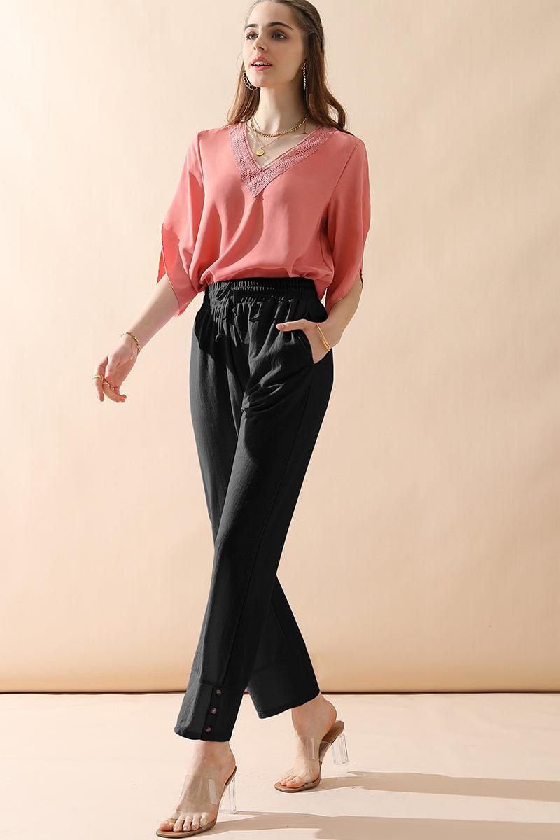 BANDED LONG LEG STRAGHIT PANTS WITH POCKET - Doublju