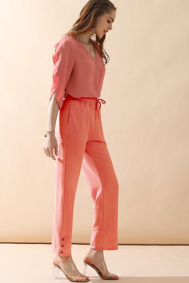BANDED LONG LEG STRAGHIT PANTS WITH POCKET - Doublju