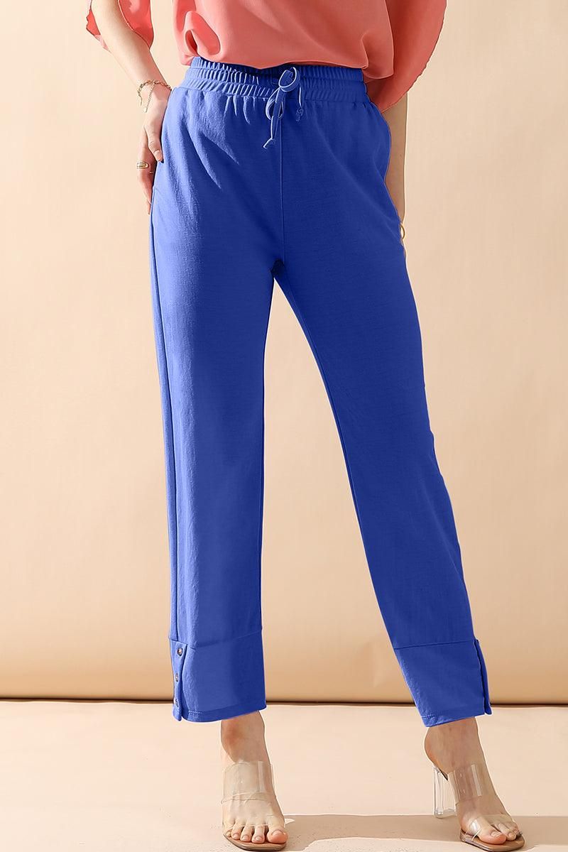BANDED LONG LEG STRAGHIT PANTS WITH POCKET - Doublju