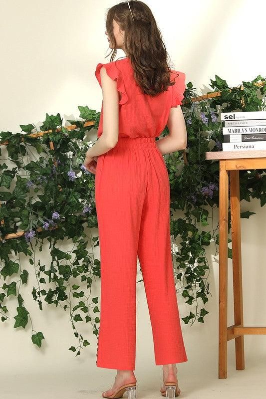 BANDED SMOCKING LONG PANTS WITH BUTTON DETAILED - Doublju