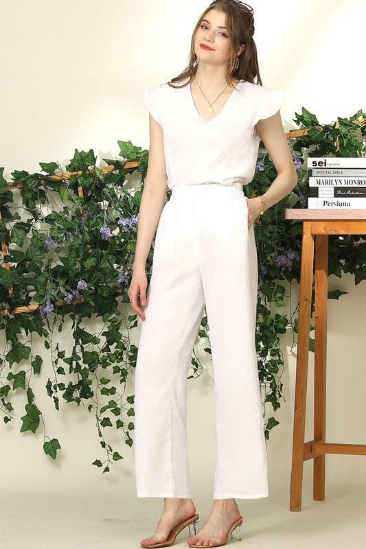 BANDED SMOCKING LONG PANTS WITH BUTTON DETAILED - Doublju