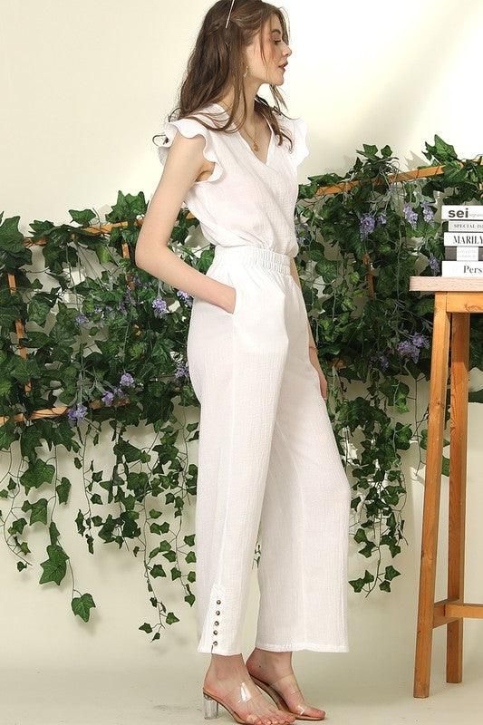 BANDED SMOCKING LONG PANTS WITH BUTTON DETAILED - Doublju