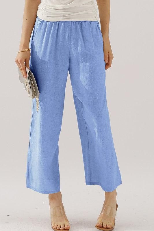 EASY PULL ON LINEN CAPRIS PANTS WITH SIDE POCKET - Doublju