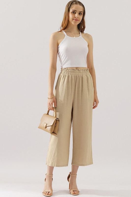 EASY PULL ON LINEN CAPRIS PANTS WITH SIDE POCKET - Doublju
