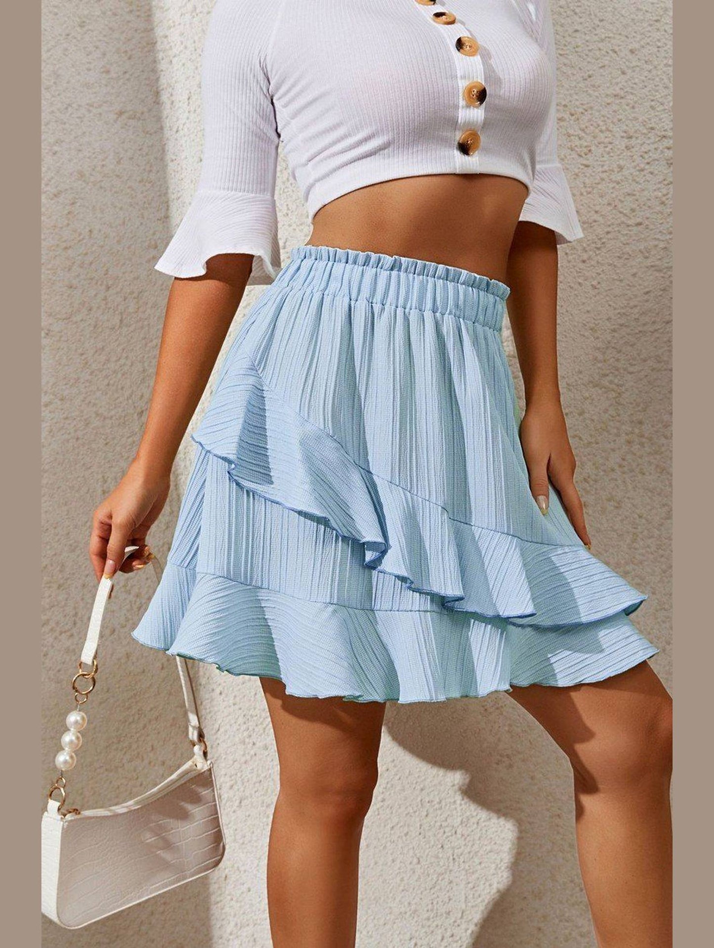 WOMEN RUFFLED HIGH ELASTIC WAIST SHORT SKIRT