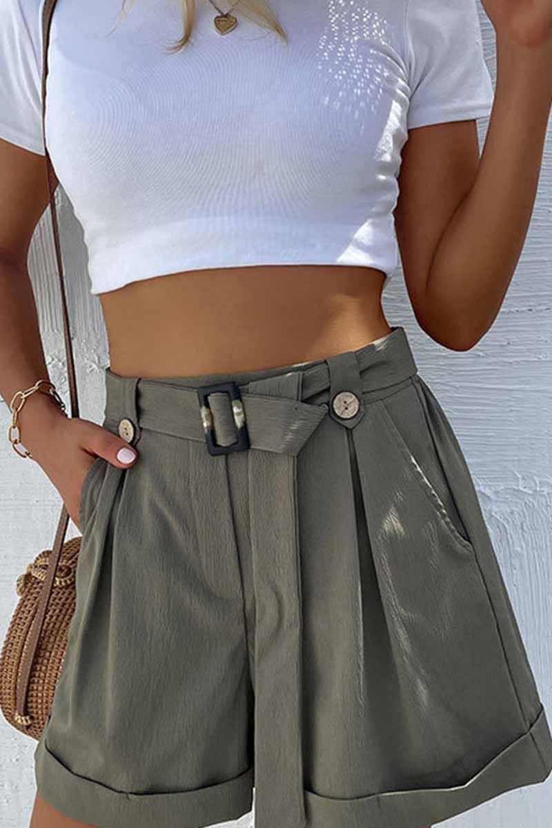 HIGH WAIST BELTED POCKET SHORT PANTS - Doublju