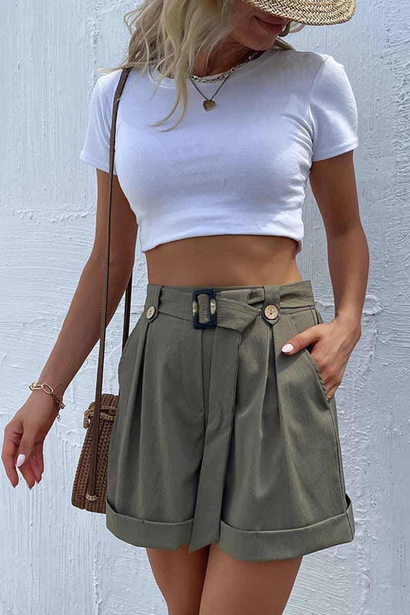 HIGH WAIST BELTED POCKET SHORT PANTS - Doublju