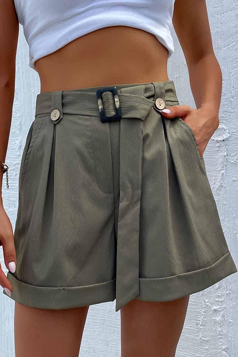 HIGH WAIST BELTED POCKET SHORT PANTS - Doublju