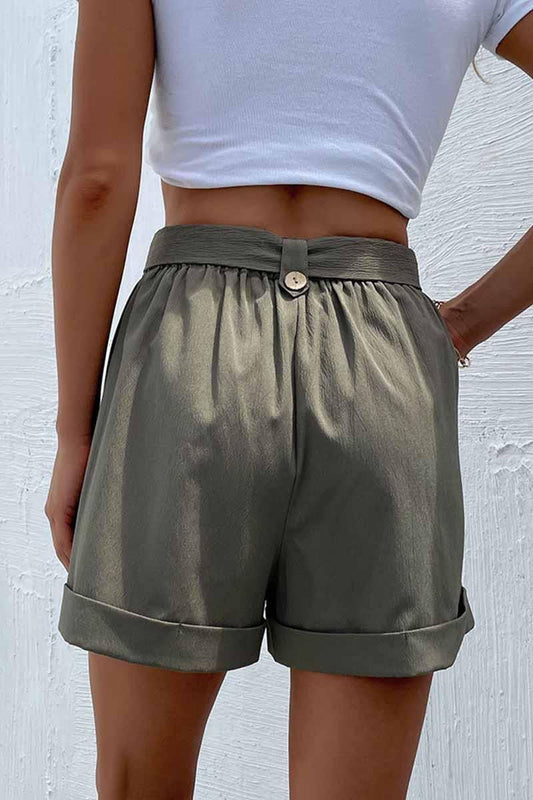 HIGH WAIST BELTED POCKET SHORT PANTS - Doublju