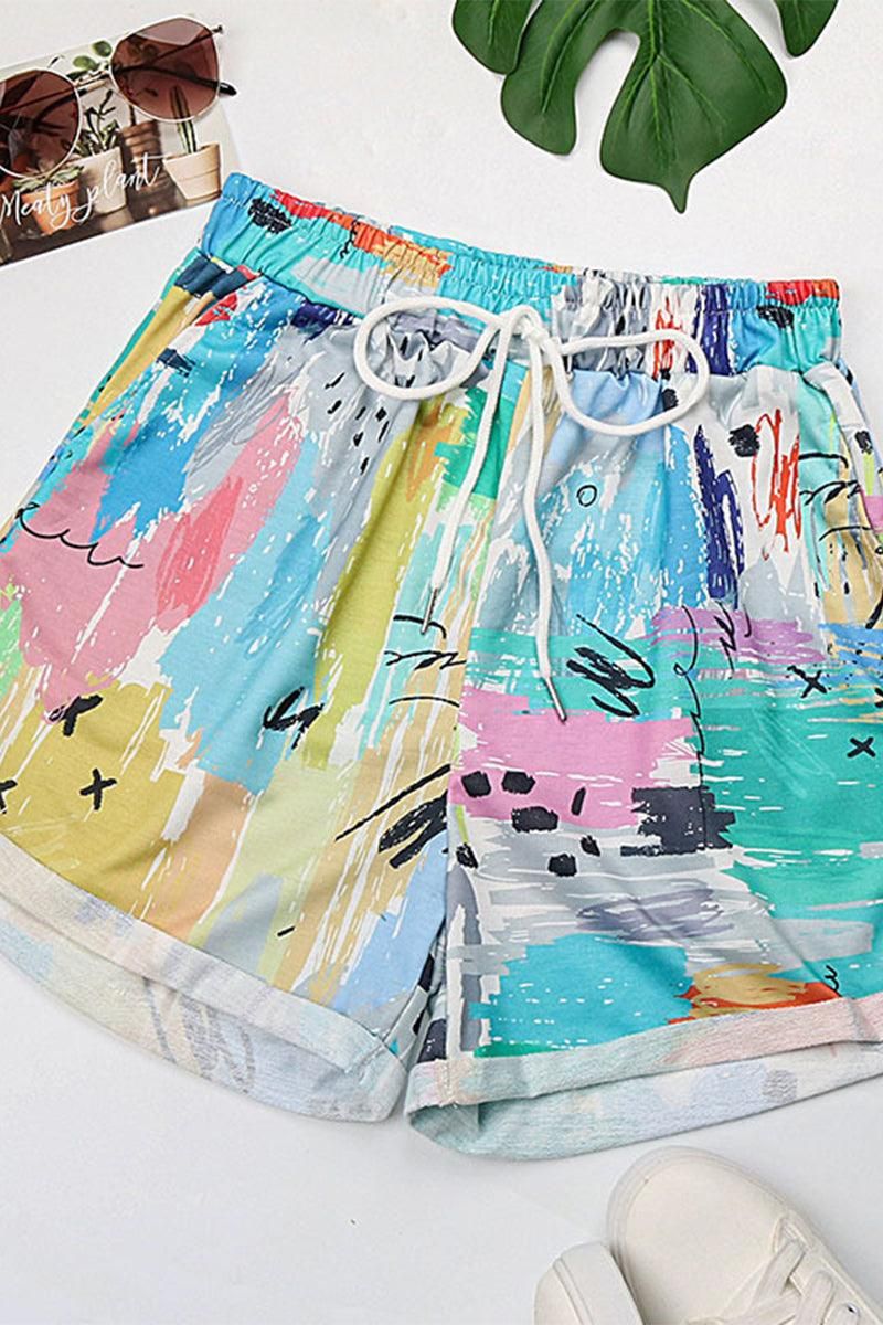 COLORING DRAWSTRING LOOSE ROLL UP SHORTS - Doublju
