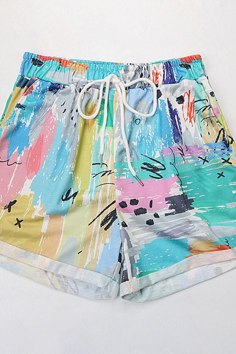 COLORING DRAWSTRING LOOSE ROLL UP SHORTS - Doublju