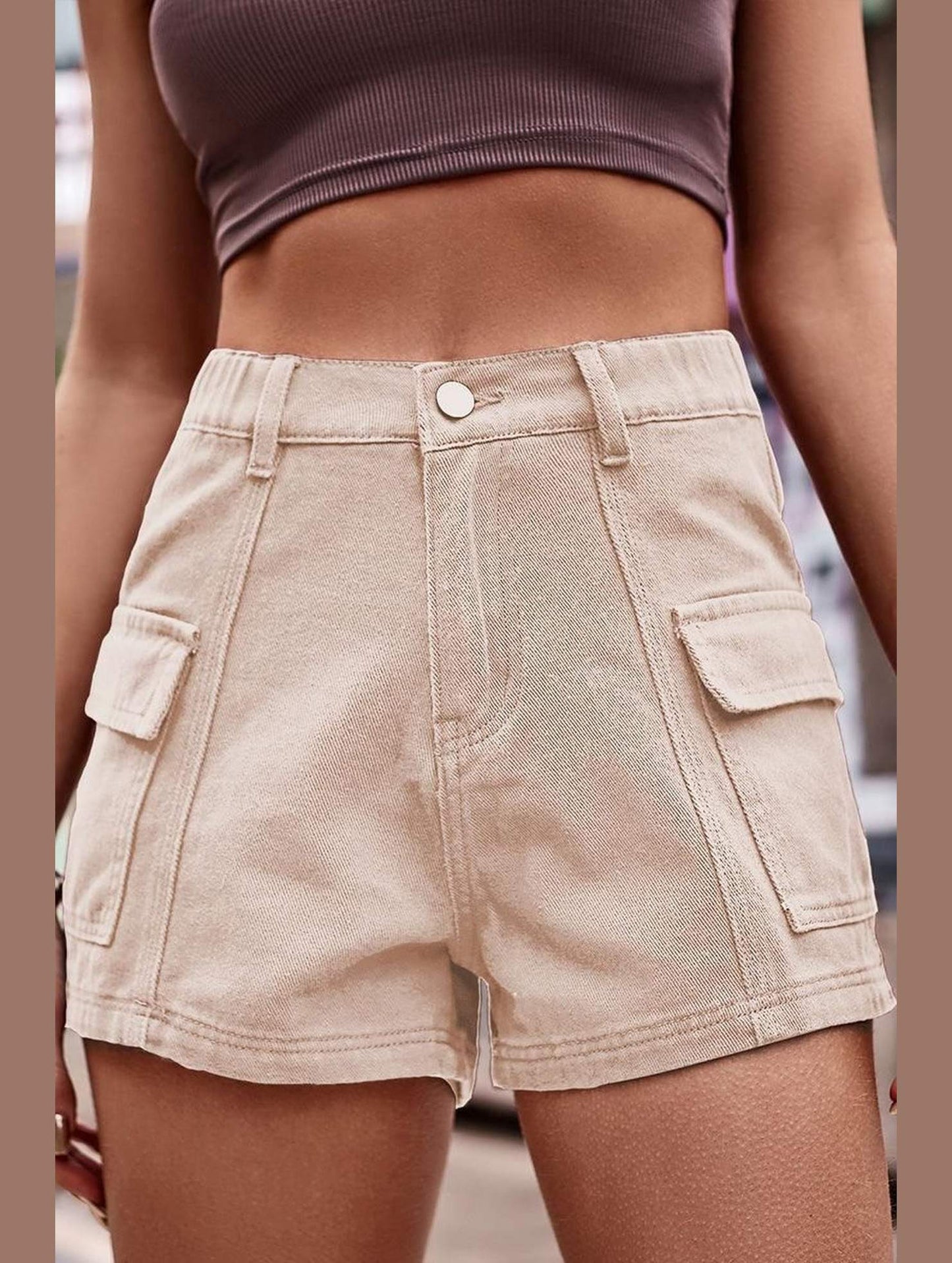 FLAT POCKET ELASTIC WAIST CARGO SHORTS - Doublju