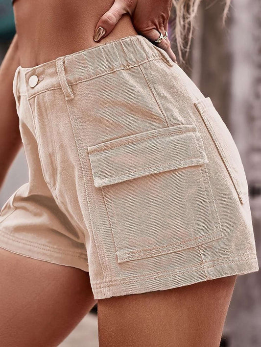 FLAT POCKET ELASTIC WAIST CARGO SHORTS - Doublju