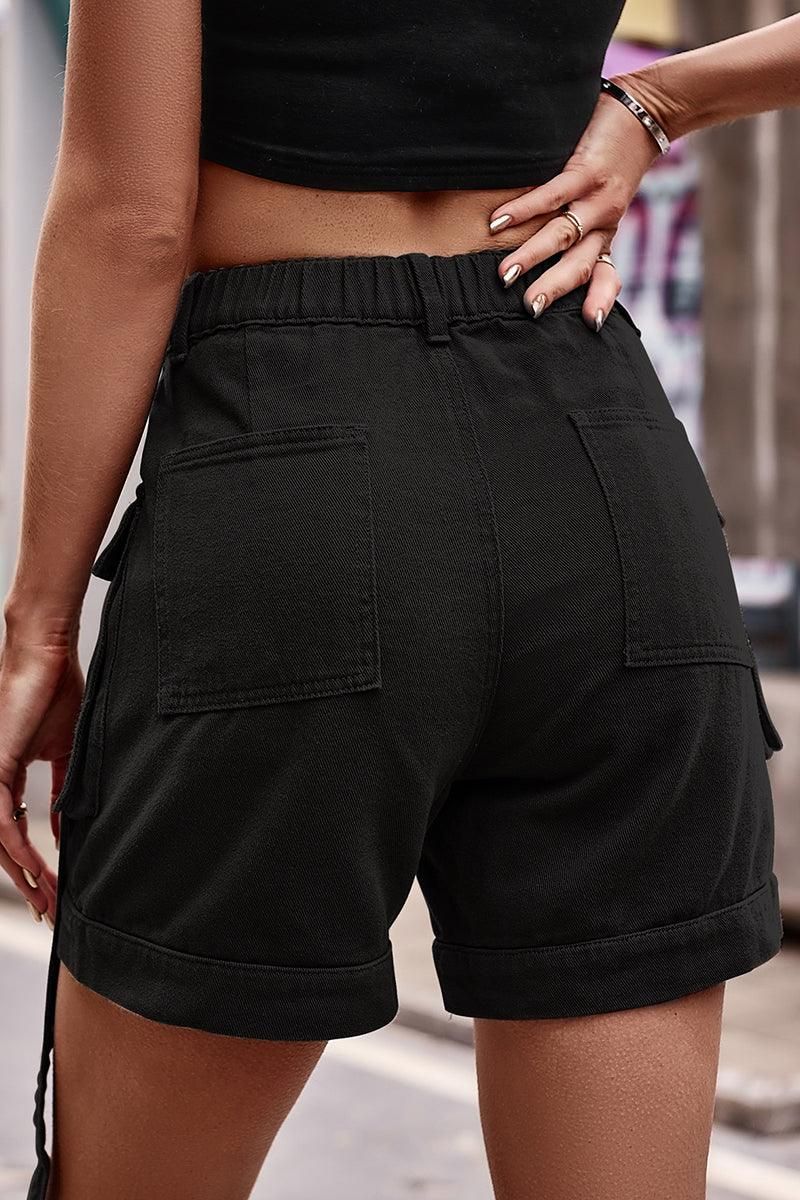 BUCKLED STRING POCKET SHORT CARGO PANTS - Doublju