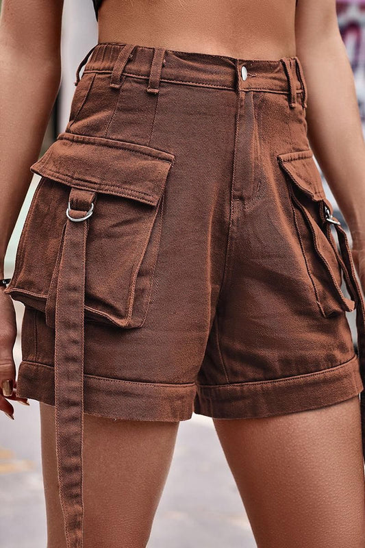 BUCKLED STRING POCKET SHORT CARGO PANTS - Doublju