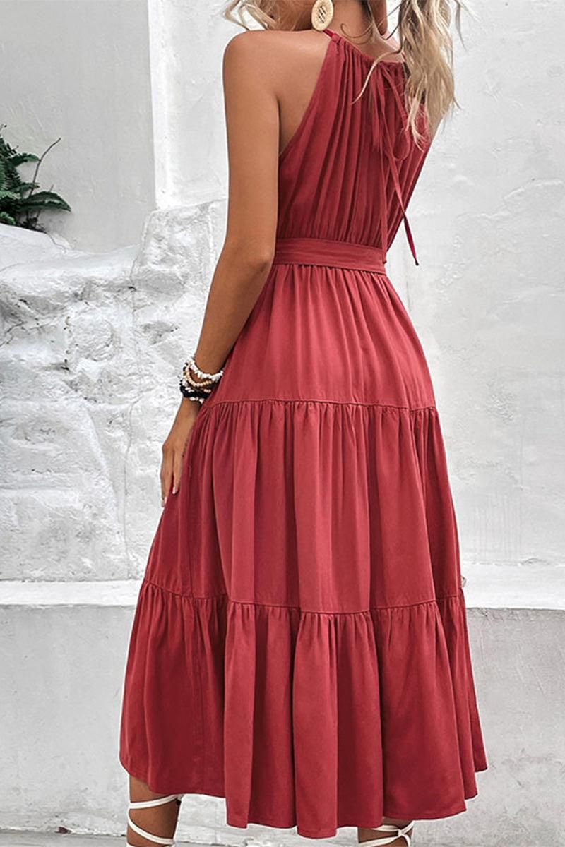 TIED WAIST TIERED HALTER DRESS - Doublju
