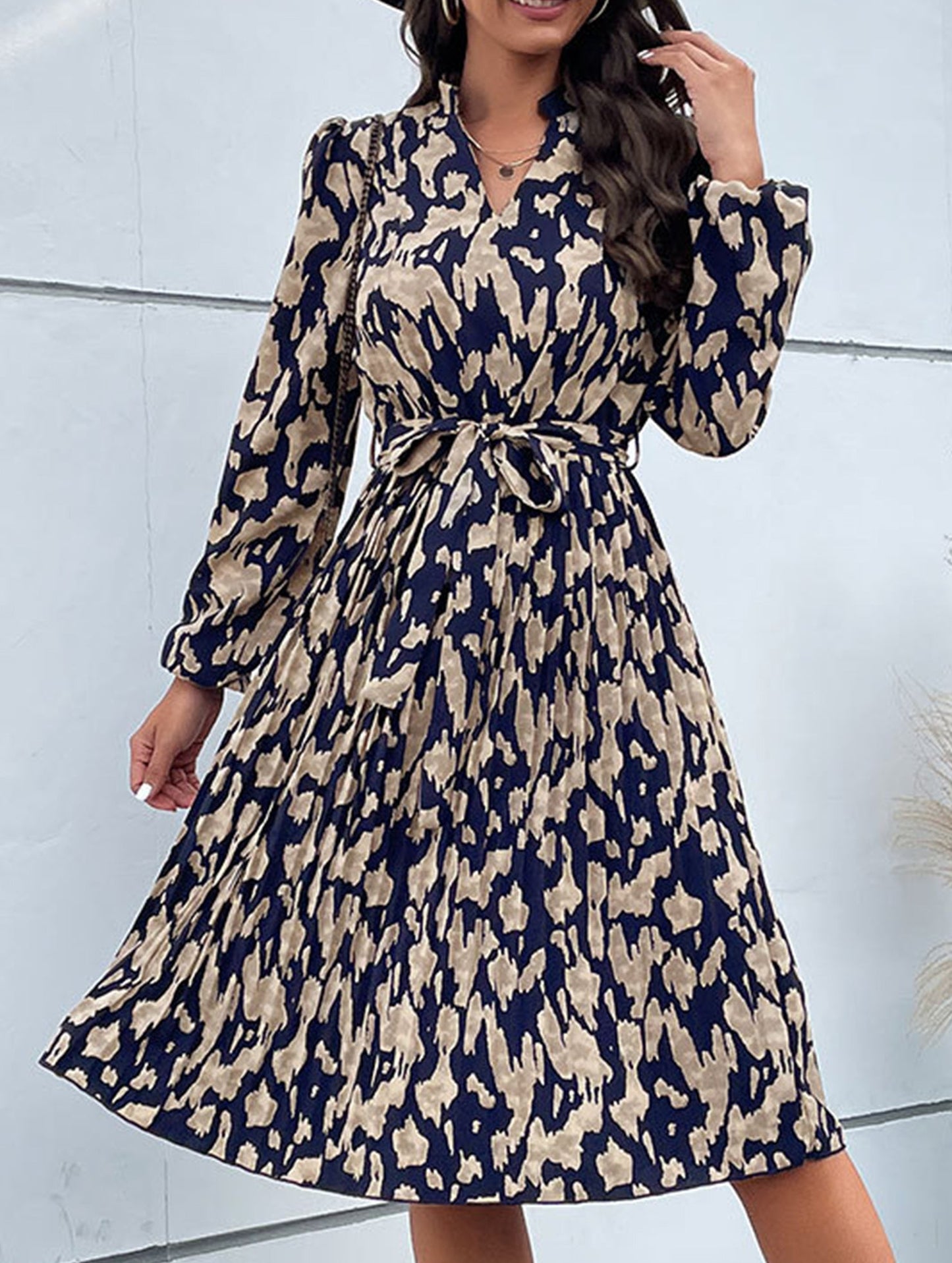 Pleated printed long-sleeved dress