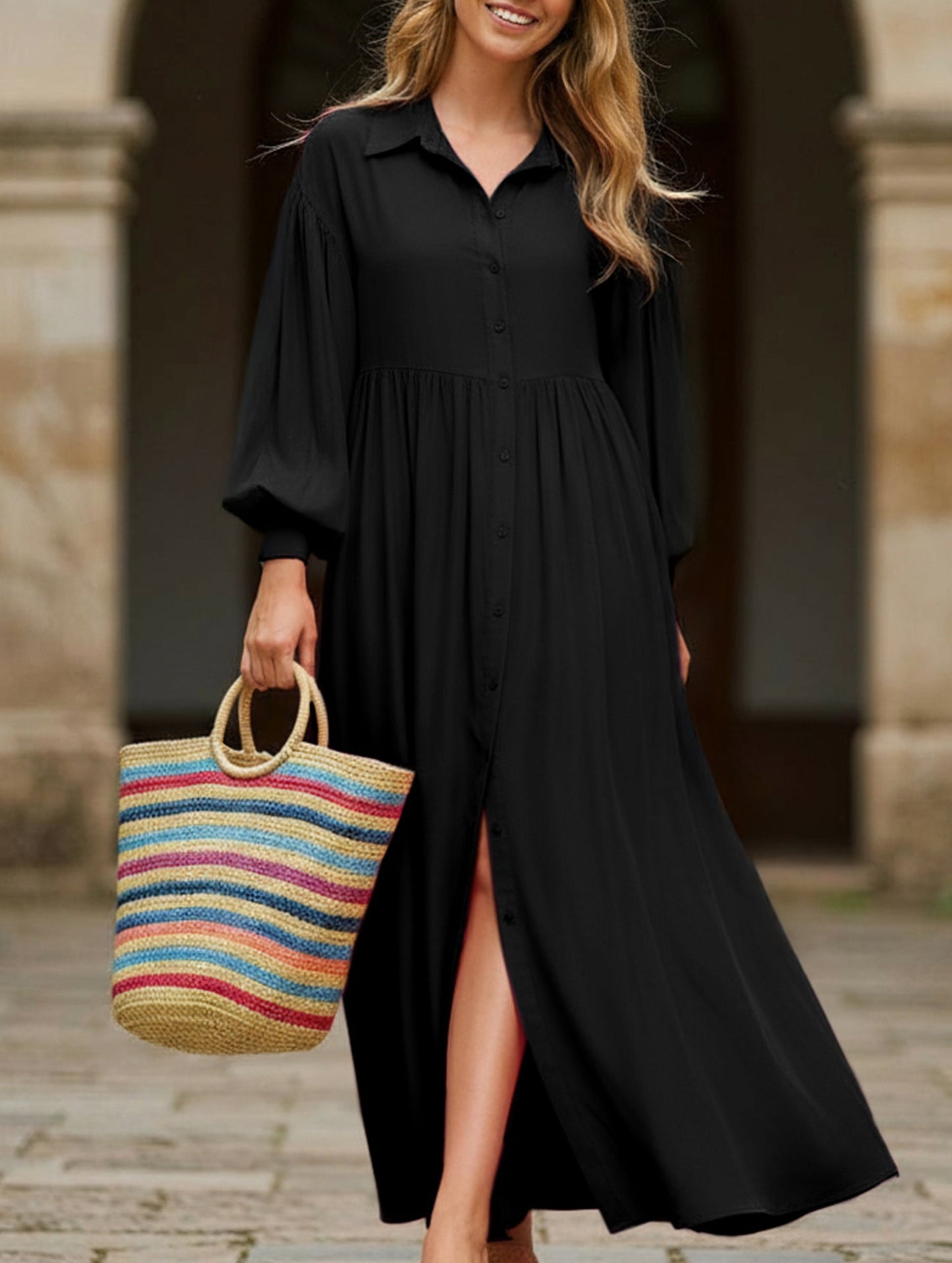 Button-Down Lapel Pleated Long-Sleeve Maxi Dress