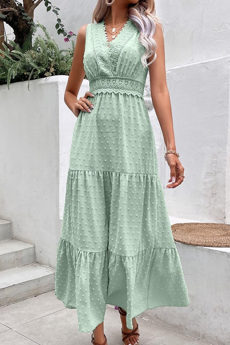 DOT DEEP BACK TIED V NECK LACE CAKE DRESS - Doublju