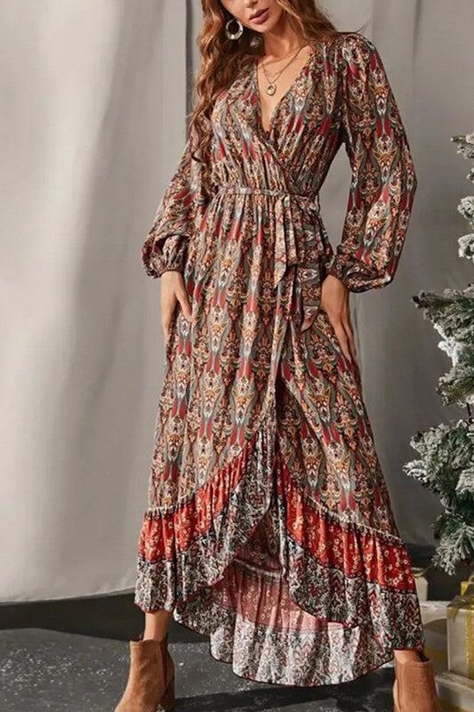WOMEN V NECK BOHEMIAN PATTERN SLIT MAXI DRESS