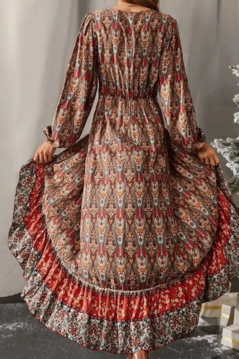 WOMEN V NECK BOHEMIAN PATTERN SLIT MAXI DRESS