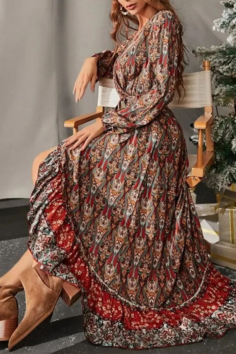 WOMEN V NECK BOHEMIAN PATTERN SLIT MAXI DRESS