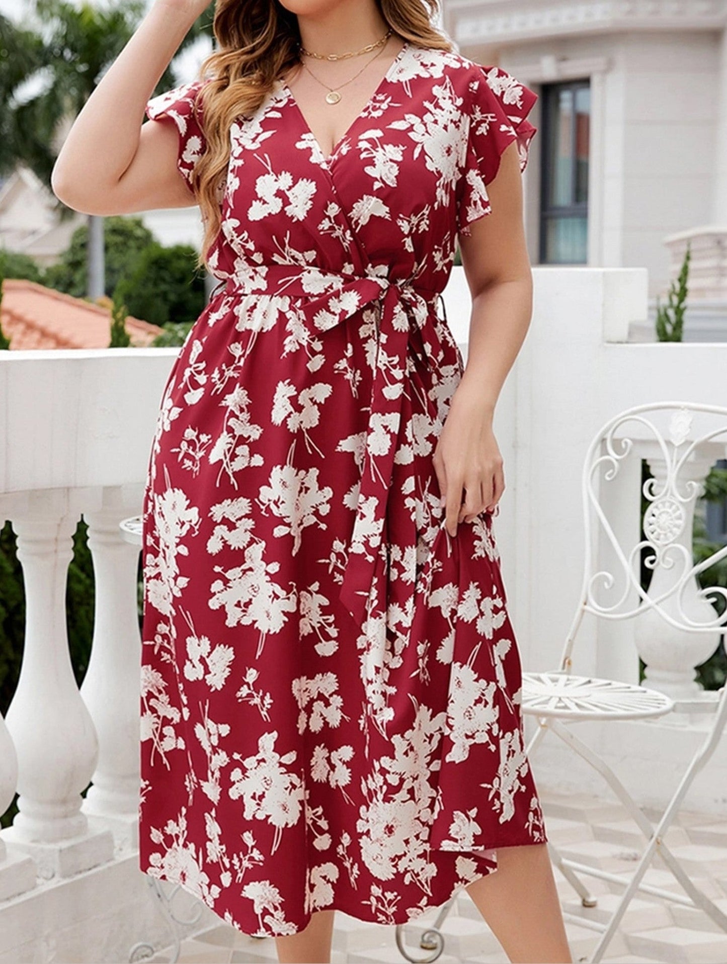 V-Neck Belted Oversized Red Dress ??Plus Size Statement Piece