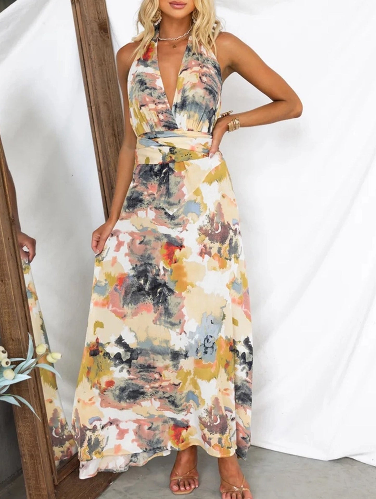 Printed Lace-Up V-Neck A-Line Dress ??Flowy Waist-Defining Midi Dress for All Seasons