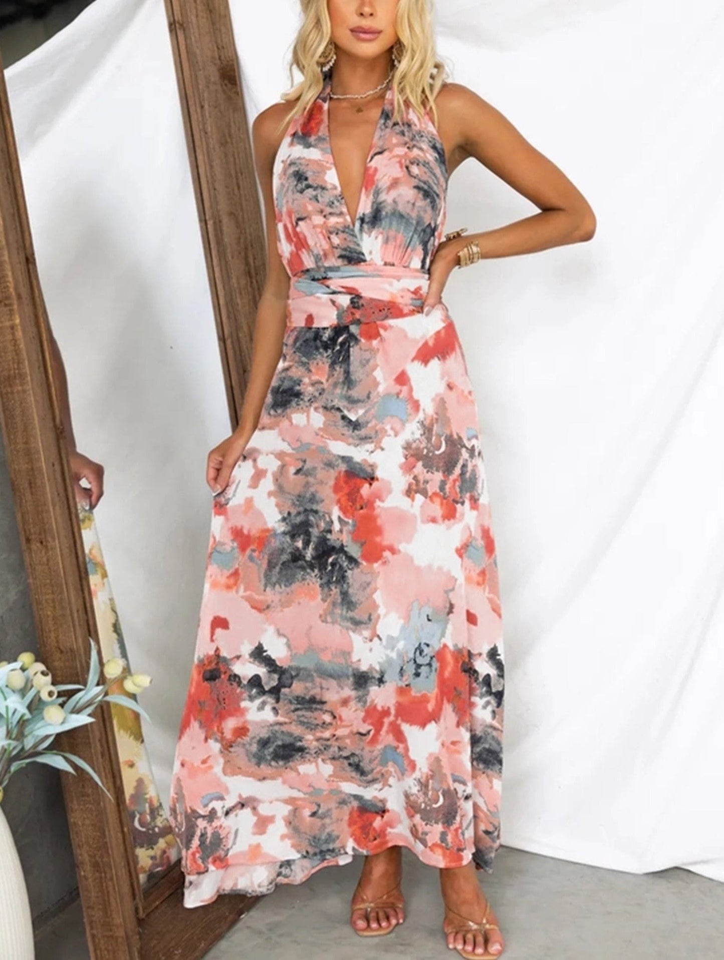 Printed Lace-Up V-Neck A-Line Dress ??Flowy Waist-Defining Midi Dress for All Seasons