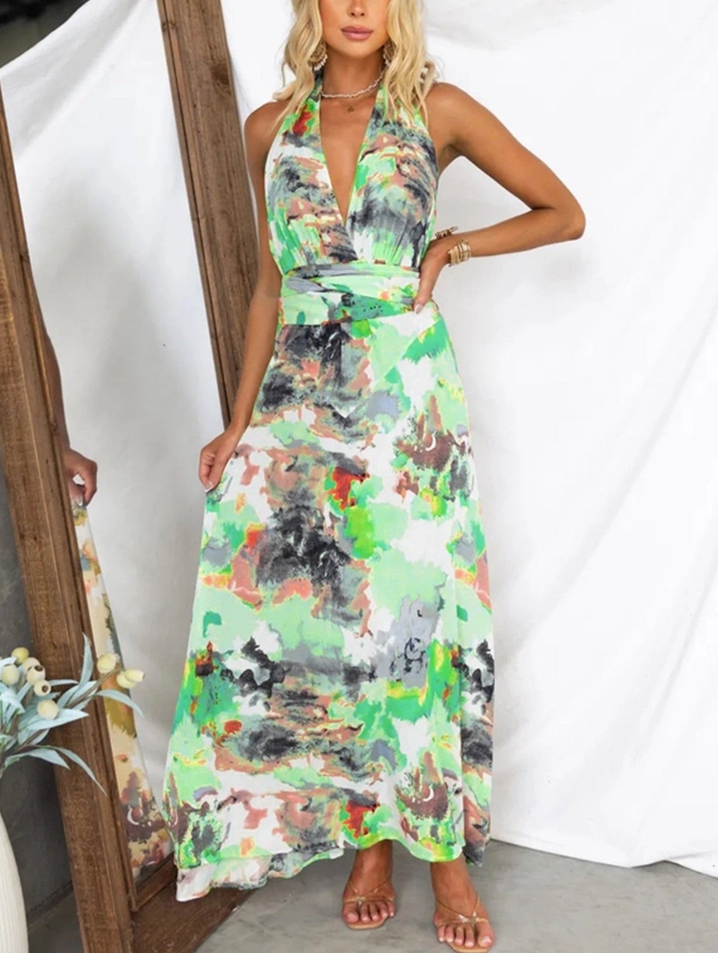 Printed Lace-Up V-Neck A-Line Dress ??Flowy Waist-Defining Midi Dress for All Seasons
