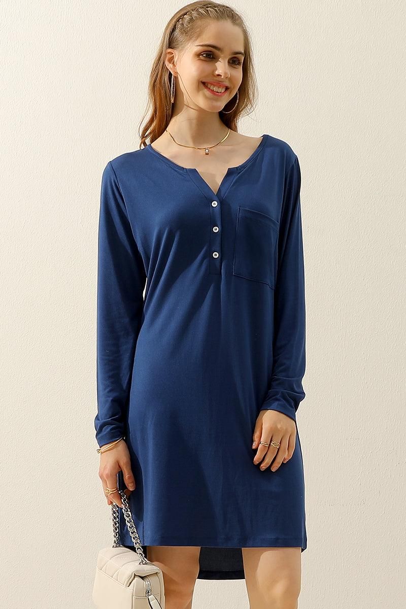 BUTTON DOWN LONG SLEEVE CASAUL MAXI KNEE DRESS - Doublju