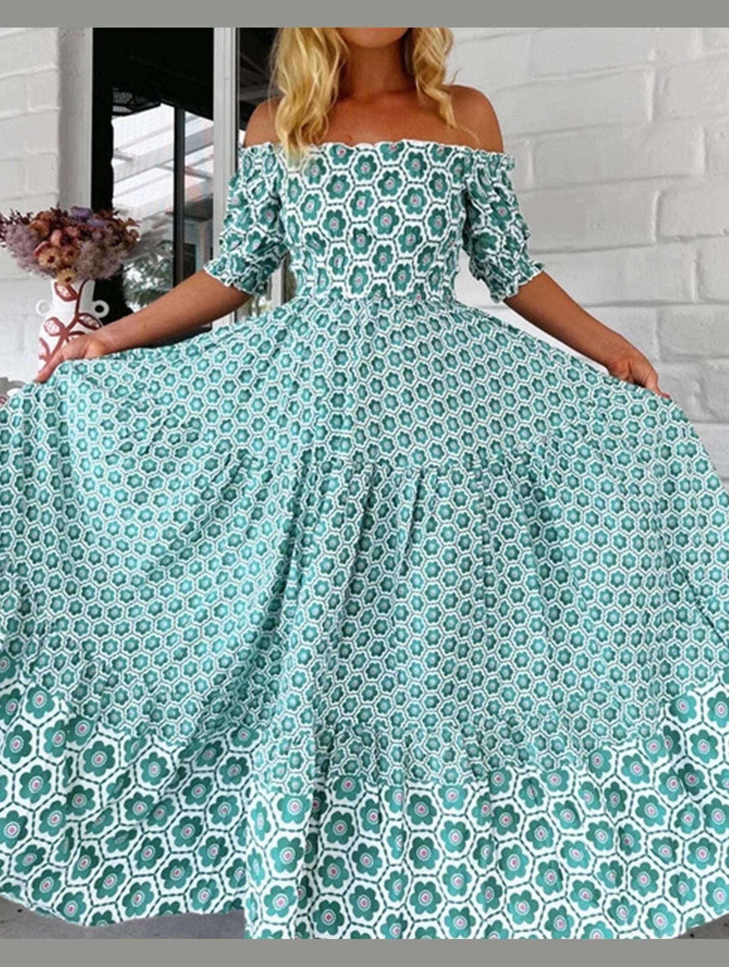 Printed Puffed Sleeve Maxi Swing Dress ??Elegant High-Waist Flowy Dress for All Seasons