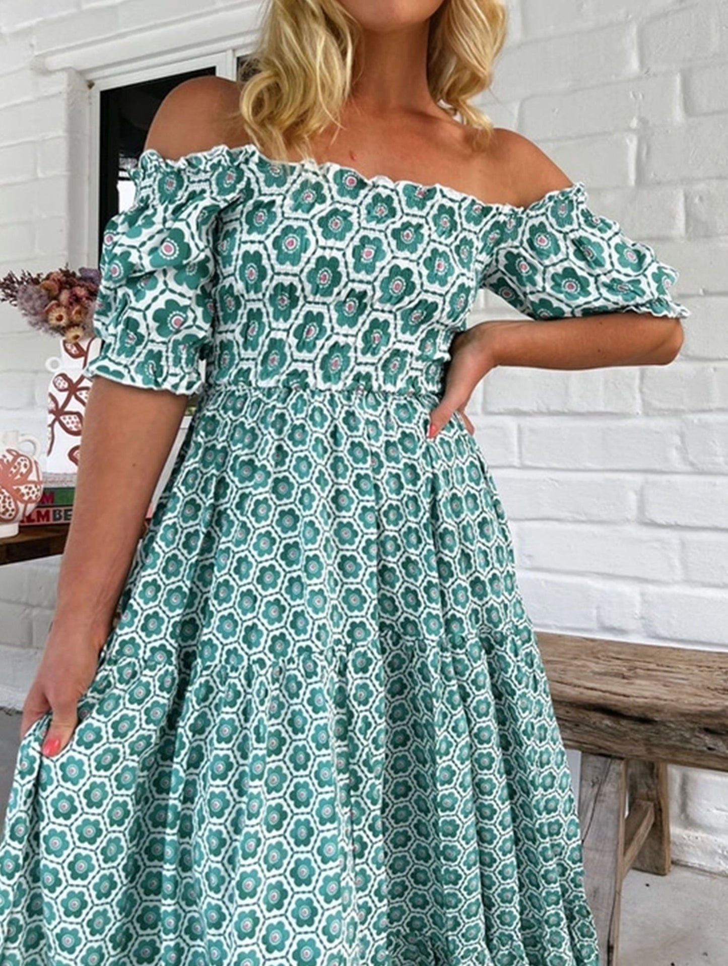 Printed Puffed Sleeve Maxi Swing Dress ??Elegant High-Waist Flowy Dress for All Seasons