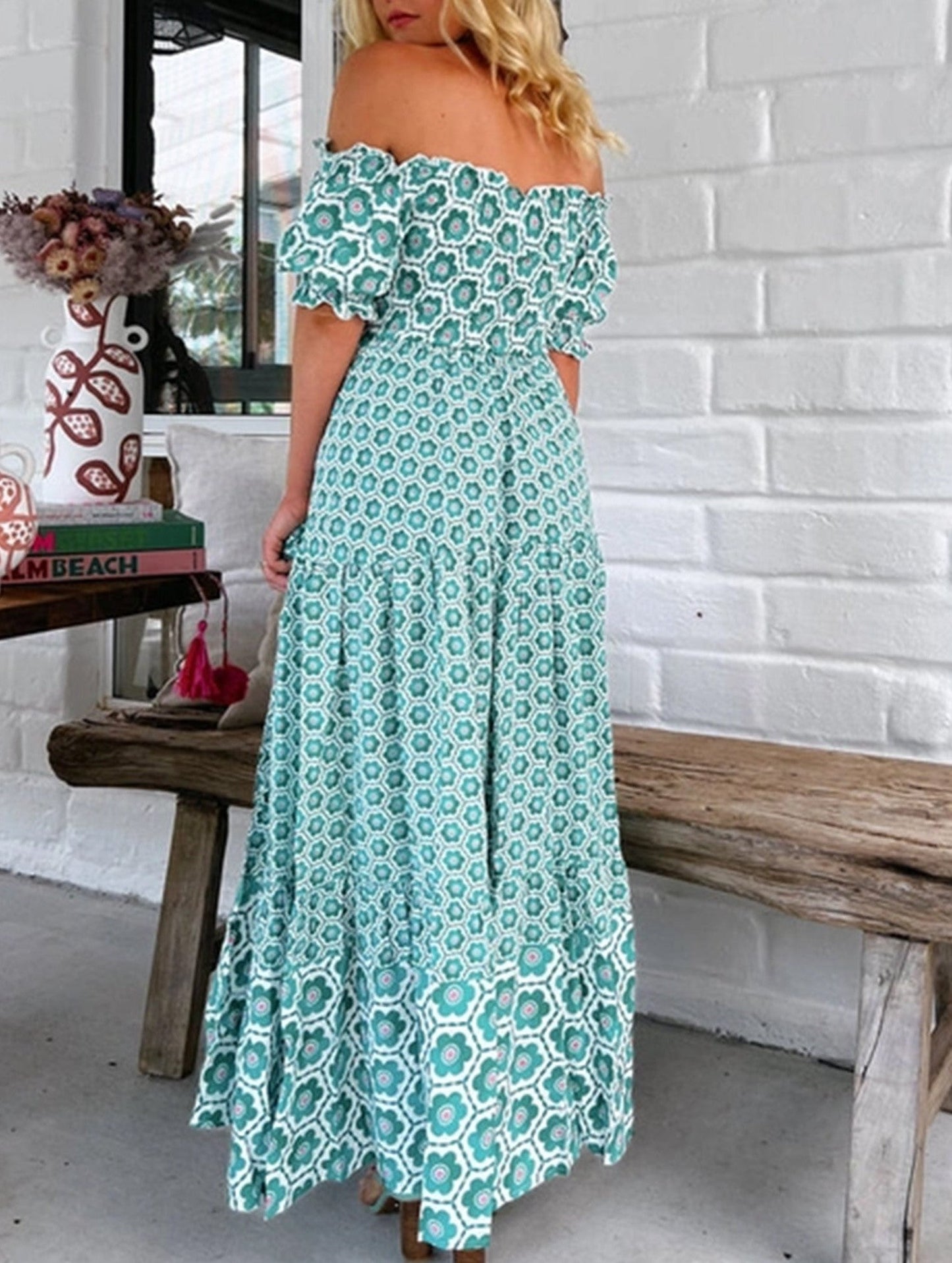 Printed Puffed Sleeve Maxi Swing Dress ??Elegant High-Waist Flowy Dress for All Seasons