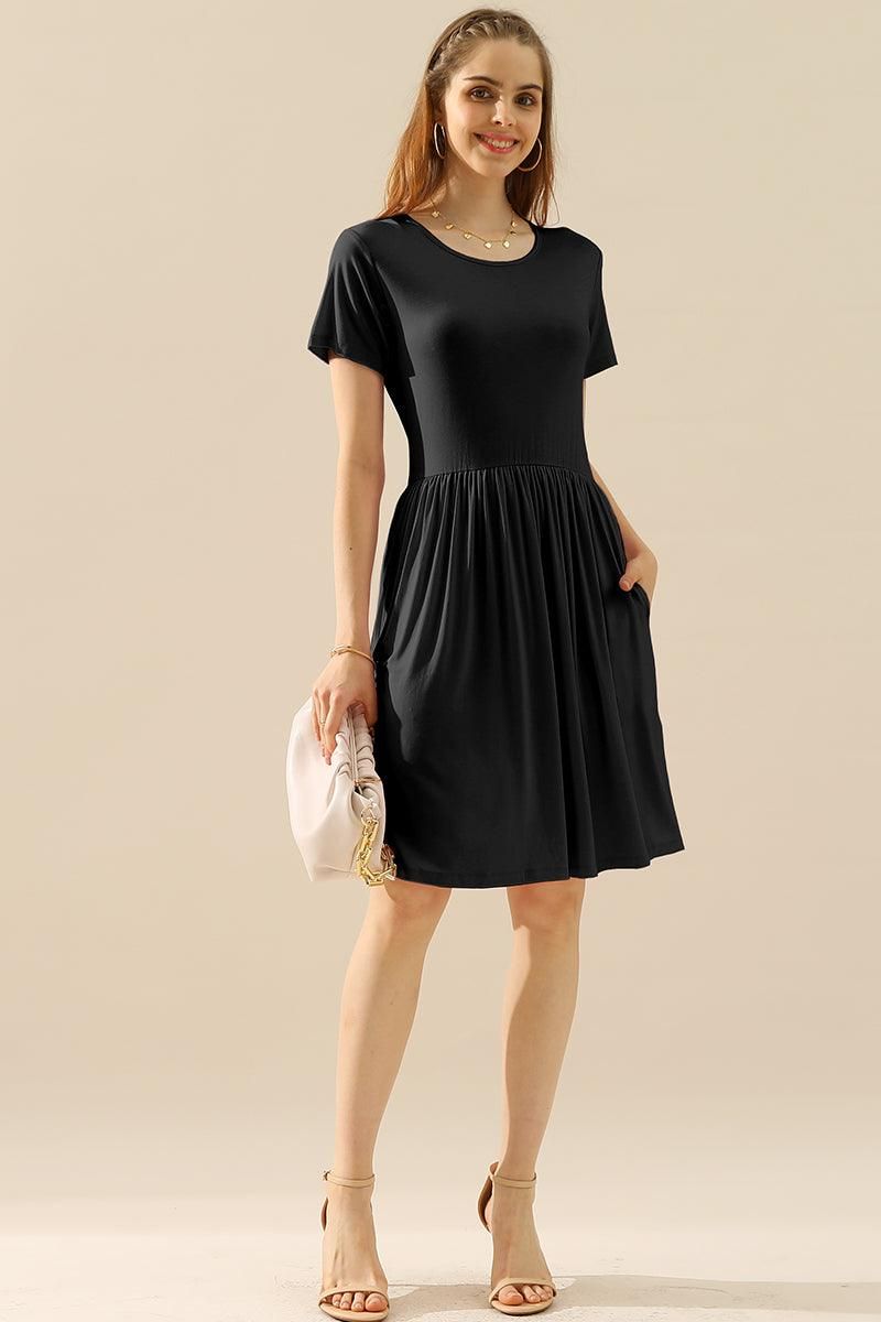 CREWNECK SHIRRED FLOWY SWING SHORT SLEEVE DRESSES - Doublju