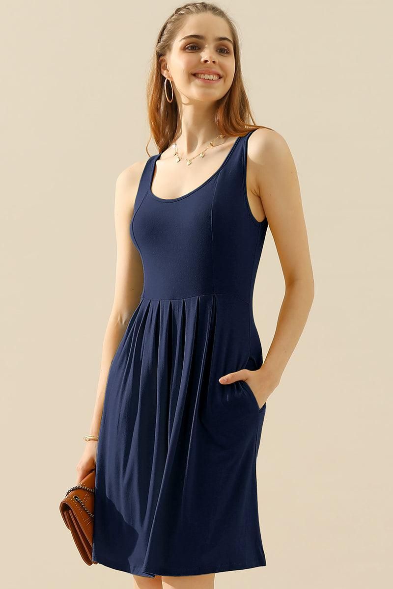 CASUAL SLEEVELESS PLEATED POCKETS DRESSES - Doublju
