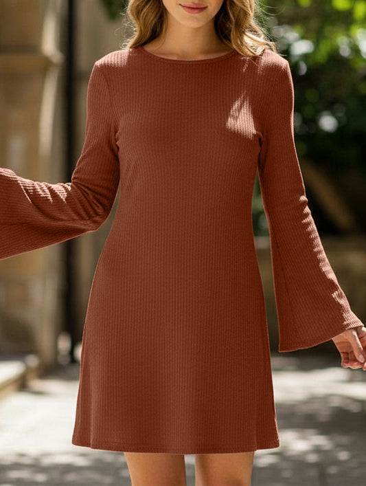 Brown Textured Open Back Bow Dress