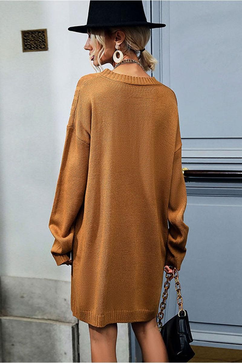 CABLE KNIT LONG SLEEVE CASUAL DRESS - Doublju