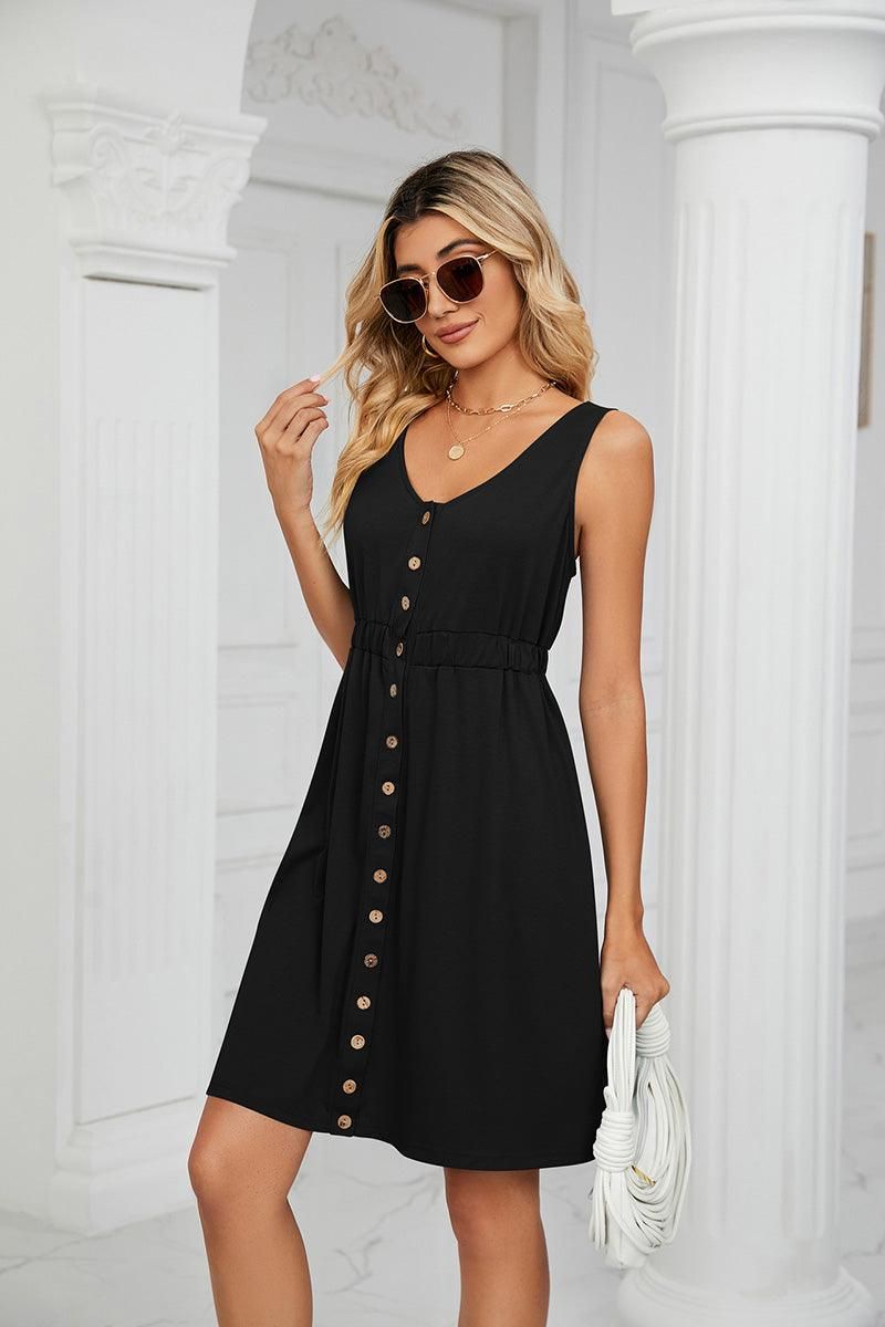 SLEEVELESS BUTTON POCKET SLIM WAIST DRESS - Doublju