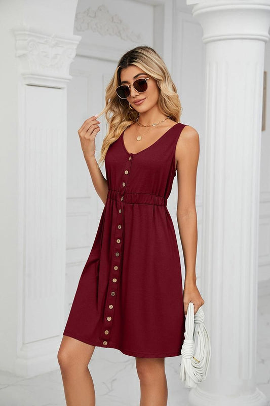 SLEEVELESS BUTTON POCKET SLIM WAIST DRESS - Doublju